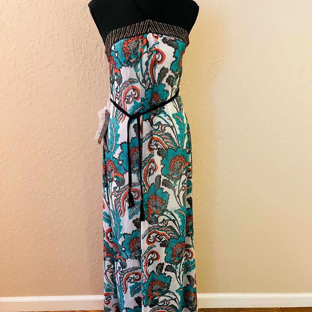 bebe Strapless Dress with Teal and‎ Coral Floral Design